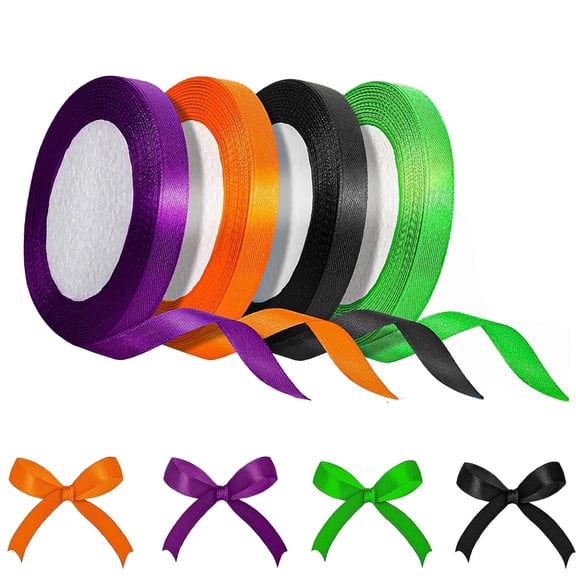 100 Yard Halloween Ribbon - 4 Rolls 3/8" Satin Polyester Ribbon in Orange, Black, Purple & Green for Crafts & Decorations