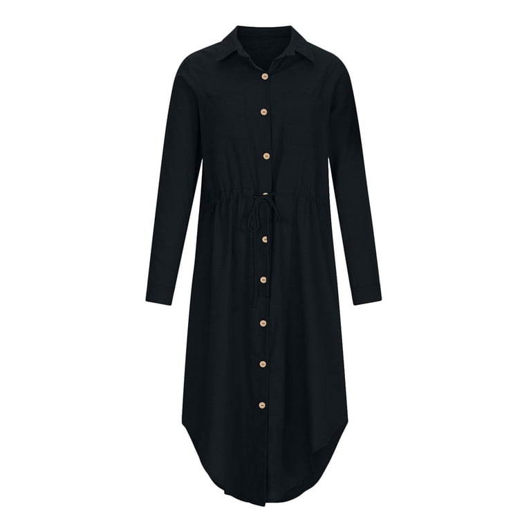 Women's Long Sleeve Swing Shirt Dress Maxi Flowy Button Down Tunic Dress Oversized Casual Elegant Modest Dresses With Pockets Black At Women's Clothing Store