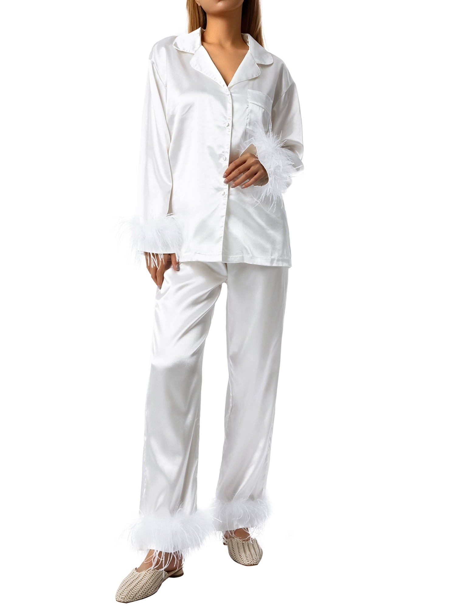 enkel en alleen onderwerpen Eigenaardig wybzd Women Silk Satin Pajamas Set Button Down Long Sleeve Sleepwear  Feather Trim Nightwear Loungewear Pj Set White XL - Walmart.com