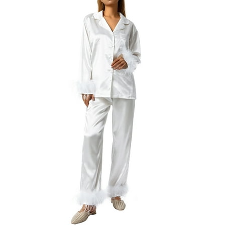 

wybzd Women Silk Satin Pajamas Set Button Down Long Sleeve Sleepwear Feather Trim Nightwear Loungewear Pj Set White M