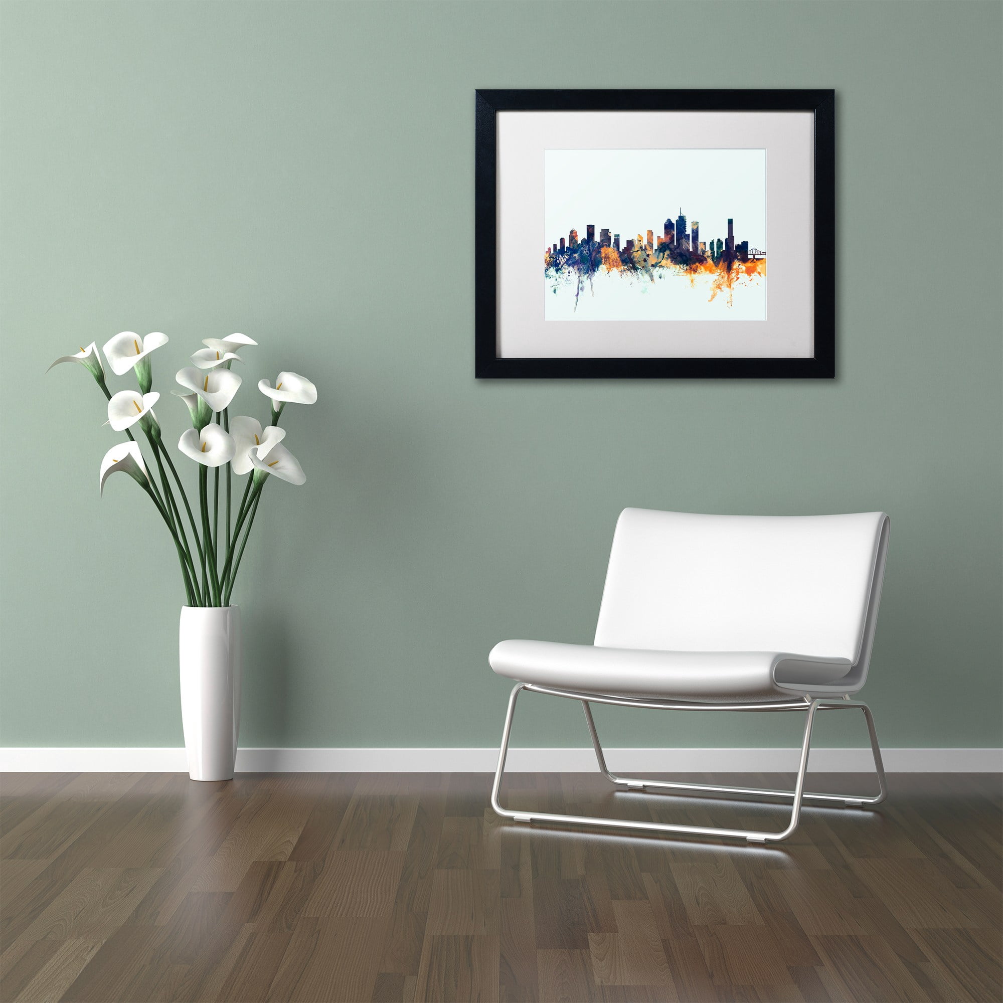 Trademark Fine Art "Brisbane Skyline Blue" Canvas Art by Michael Tompsett, White Matte, Black Frame