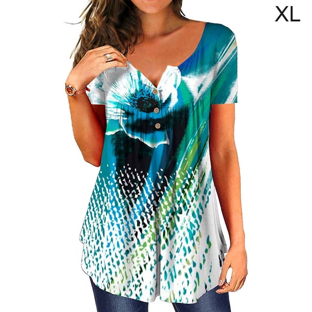 Camiseta Mujer Blusa Casual Cuello En V Manga Corta Botón Top, Azul Verde, XL kenally AP001374-24