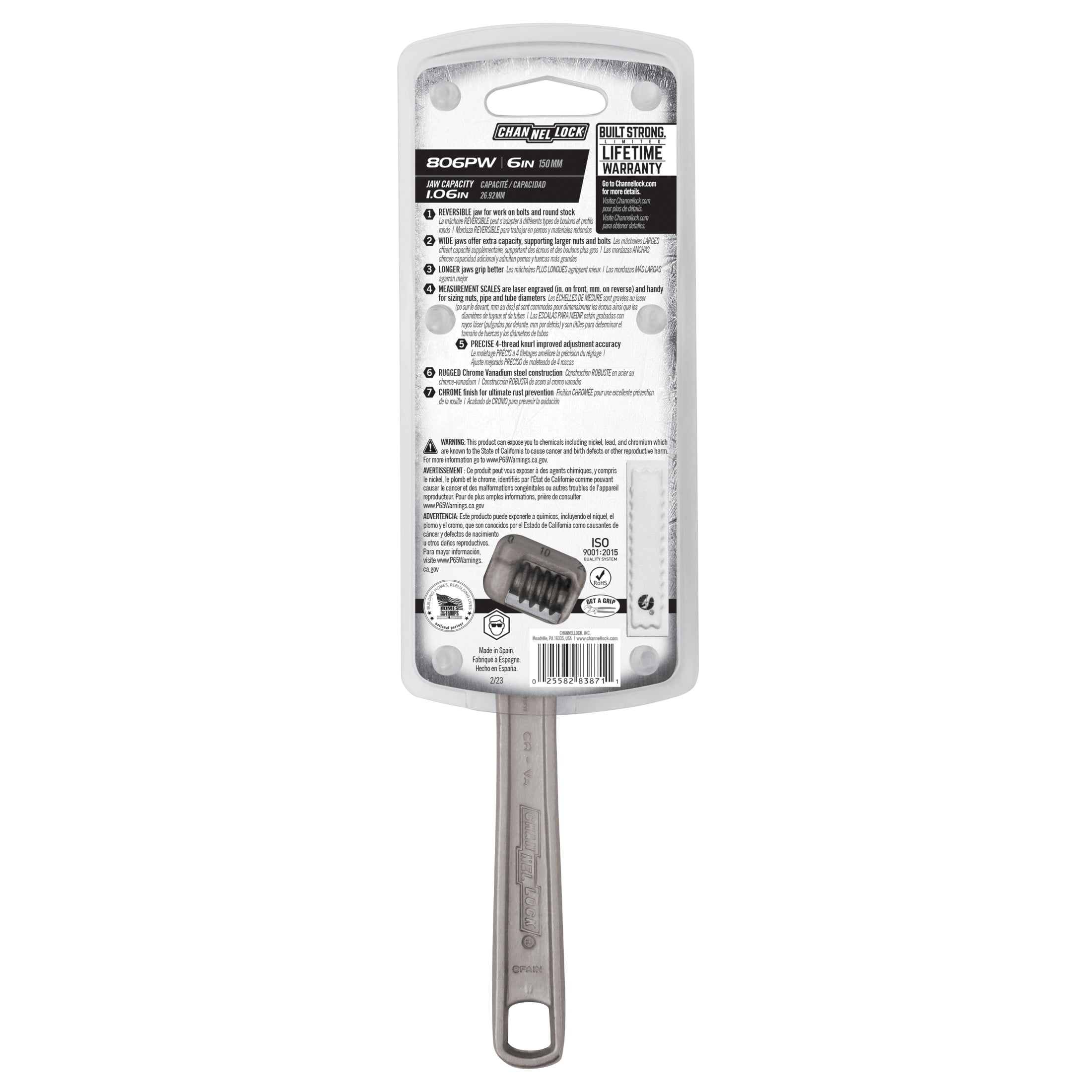 CHANNELLOCK 6-inch Reversible Jaw Adjustable Wrench, Precise 1.06-inch Wide Mouth Jaw Capacity (806PW)