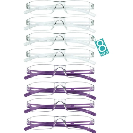 8 Pairs Reading Glasses, Blue Light Blocking Glasses, Computer Reading Glasses for Women and Men, Fashion Square Eyewear Frame (4clear+4purple,+1.25 Magnification)