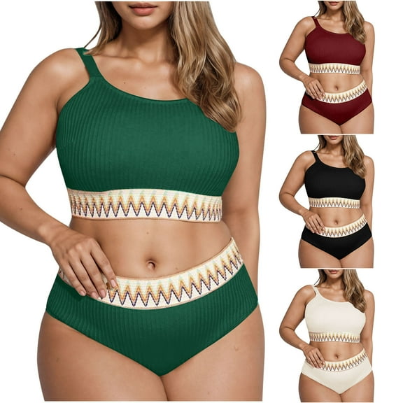 QLEICOM Women's Swimwear,Bathing Suit for Women,Plus Size High Waist Bikini Set Solid Color Full Coverage Two Piece