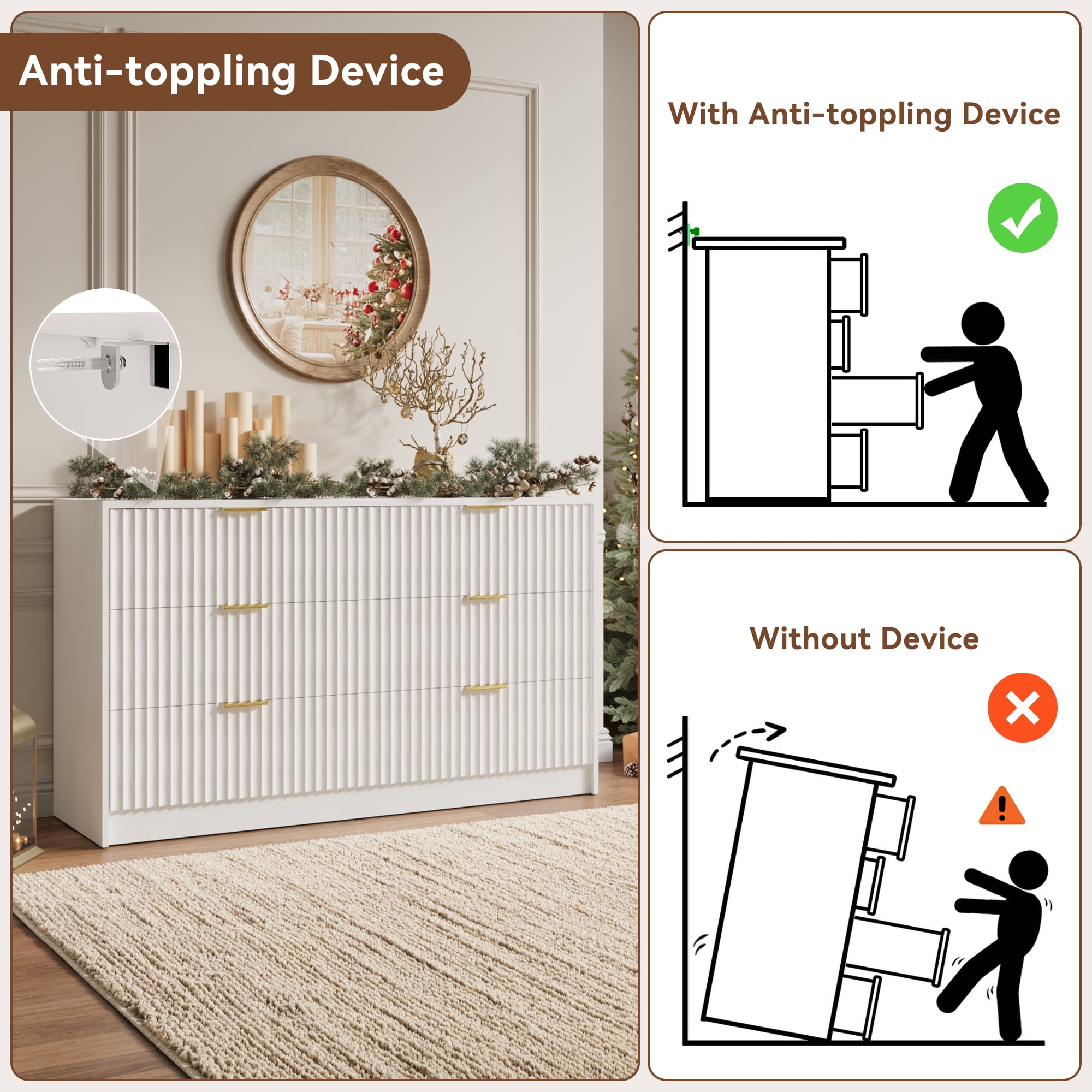 YouTrend 6 Drawer Dresser for Bedroom,55.1"Width Fluted Wood Chest of Drawer with Golden Embedded Handles for Living Room,White