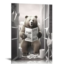 HENGT Funny Bears Canvas Wall Art Black and White Pictures Farmhouse Bathroom Wall Bear Sitting in Toilet Reading Newspaper Painting for Toilet Bathroom Animals Artwork