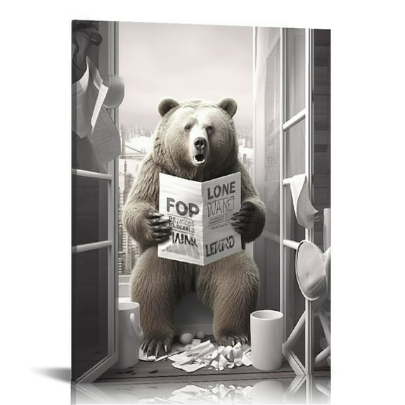 HENGT Funny Bears Canvas Wall Art Black and White Pictures Farmhouse Bathroom Wall Bear Sitting in Toilet Reading Newspaper Painting for Toilet Bathroom Animals Artwork