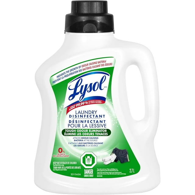 2.7L Lysol Laundry Disinfectant bottle labeled as tough odour eliminator that kills 99.99% of viruses and bacteria, prevents growth of odour causing bacteria, and contains no bleach.