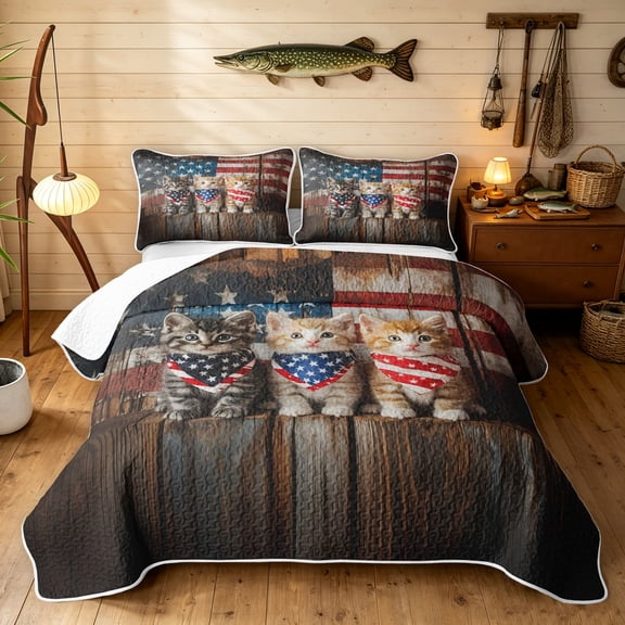 Manfei Rustic Kitten Twin Quilt Set, Patriotic US Flag Twin Coverlet Set, Brown, 2-Piece, 1 Bedspread and 1 Pillowcase