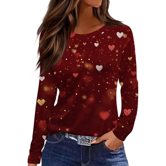 Valentine Day Shirts Womens Love Heart Print Long Sleeve Plus Size Tops Crew Neck Casual Summer T Shirts Wine M