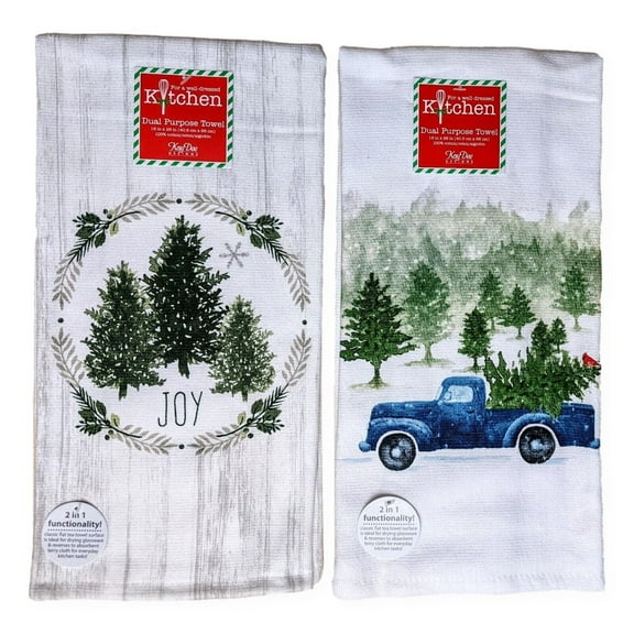 Set of 2 EVERGREEN WISHES Truck & Wreath Terry Kitchen Towels by Kay Dee Designs