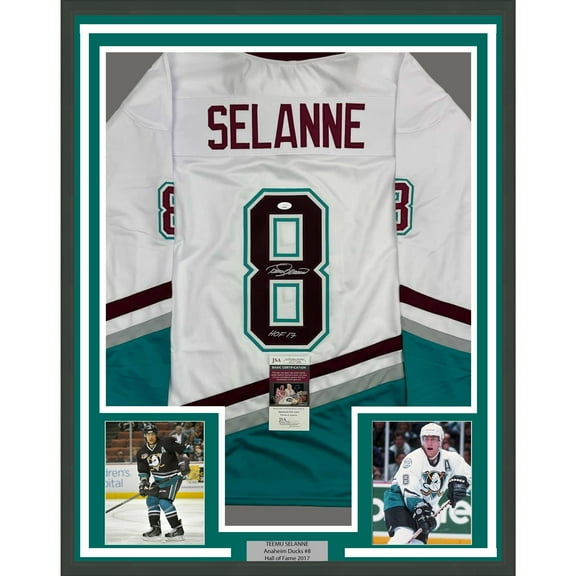 Framed Autographed/Signed Teemu Selanne HOF 35x39 Anaheim White Retro Hockey Jersey JSA COA