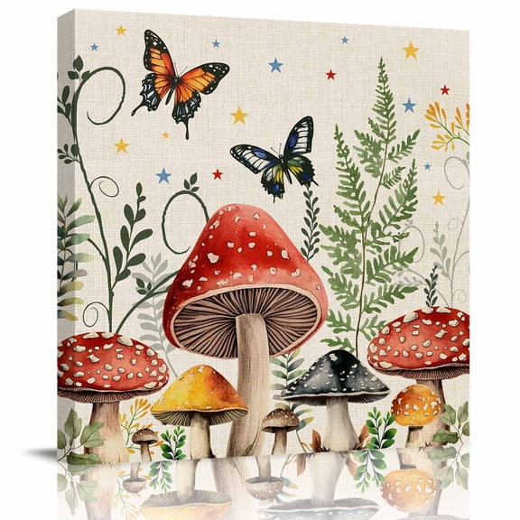 Framed Canvas Wall Art for Living Room Mushrooms Wall Decor, Butterflies Plant Star Linen Aesthetic Paintings for Bedroom Office Kitchen Bathroom, Ready to Hang Artwork Wall Pictures 8x8 Inch