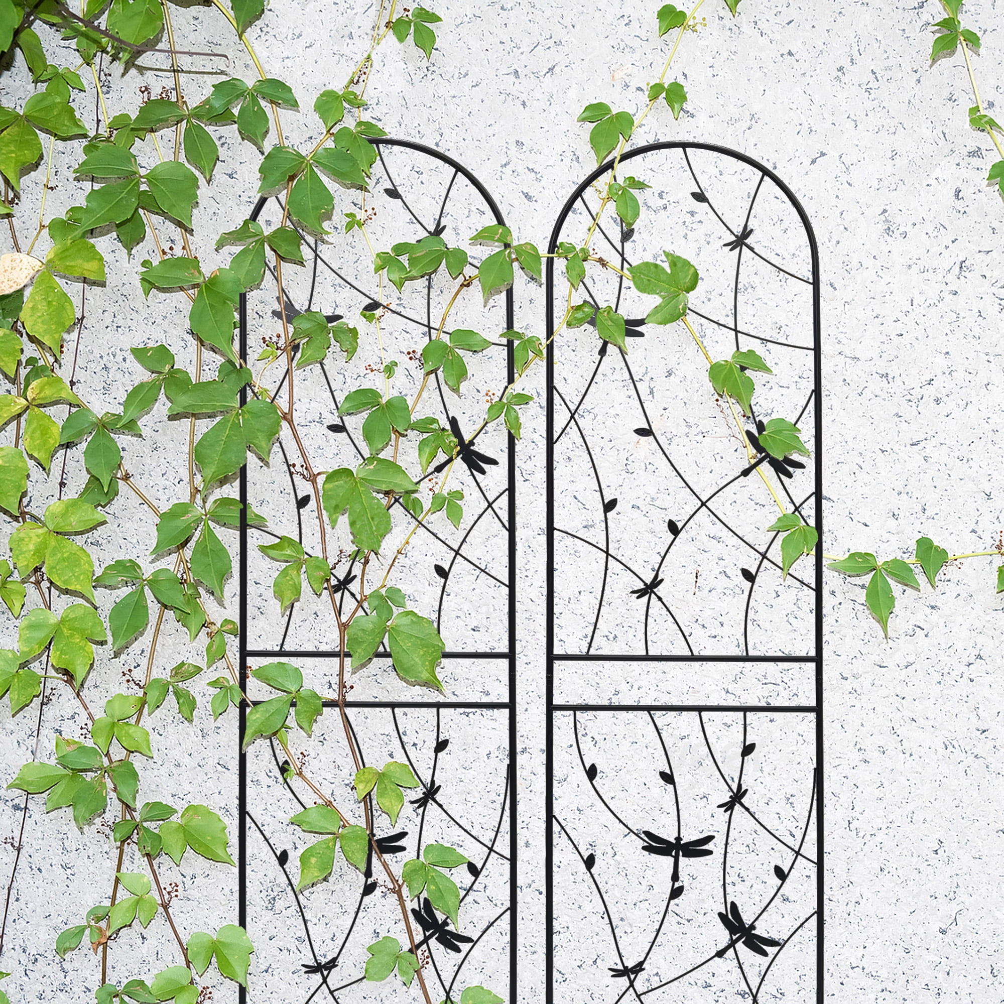 Aukfa Garden Trellis for Climbing Plants, 2 Pack Outdoor Metal Trellis 86.7" x 19.7", Support Dragonfly Decor,Black