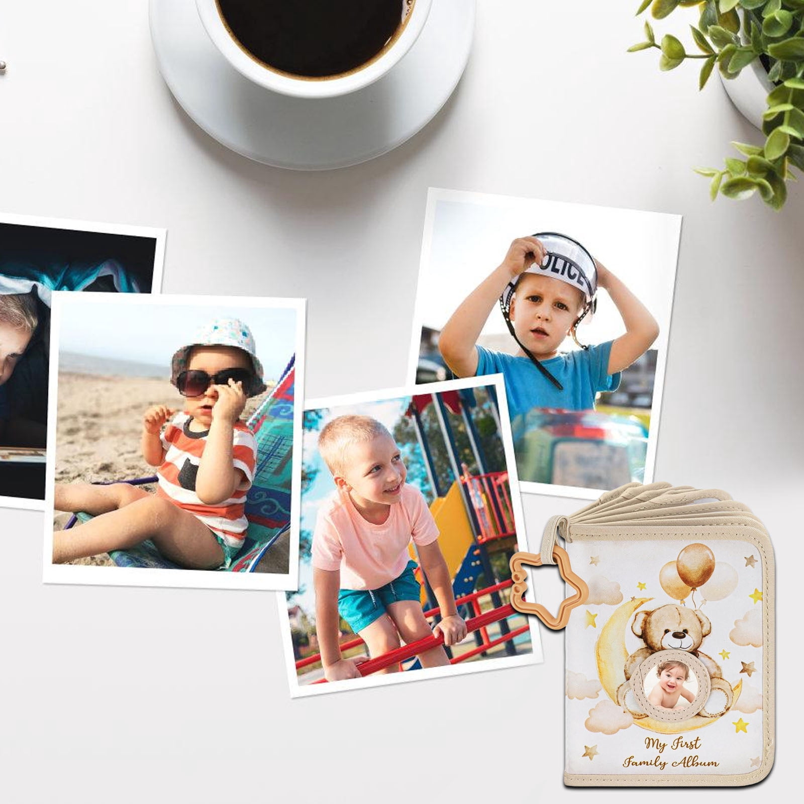 Baby Memory Photo Album with Safe Mirrored and Star Teether Rings Bear Pattern Picture Book for Infant Photography Album