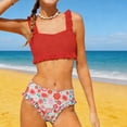 thumbnail image 2 of Fesfesfes Teen Girls Summer Swimsuits Casual Cute Floral Print Double Ruffle Swimwear Short Sleeve Beach Swimsuits Split Two-Piece Bikini Sets, 2 of 7