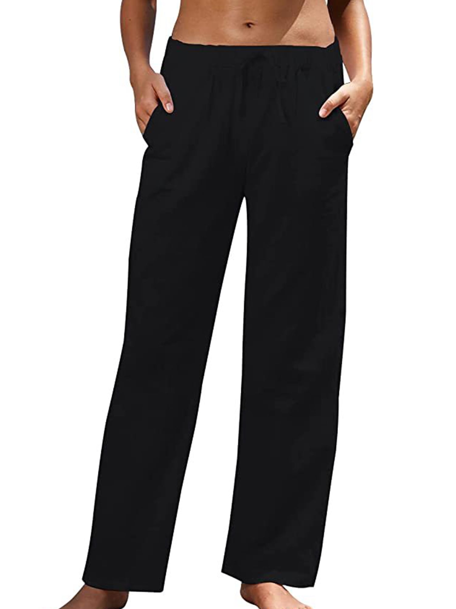 Frontwalk Pajama Pants for Women Cotton Linen Lounge Pants Lightweight Wide Leg Sleep Pj Bottoms