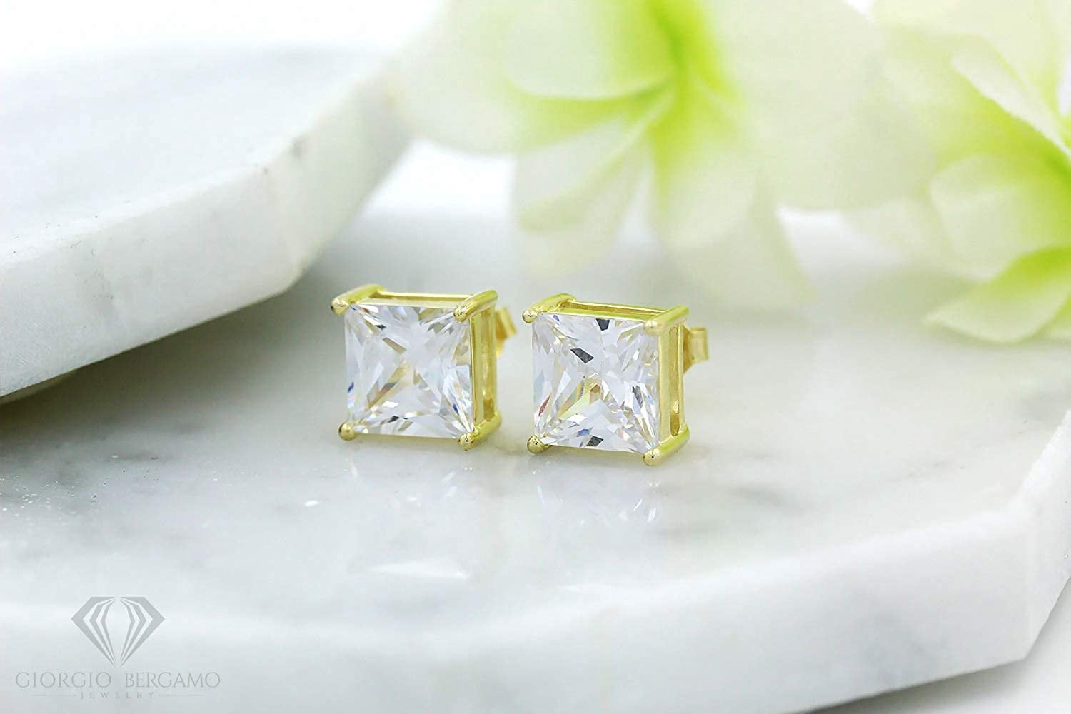 925 Sterling Silver 3mm - 10mm Princess Cut Square Yellow Gold Plated Unisex Classic Clear Cubic Zirconia CZ Stud Earrings, Giorgio Bergamo 9mm
