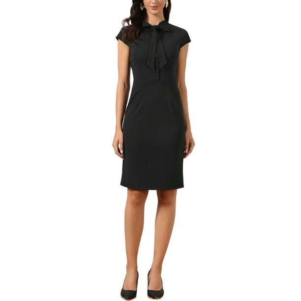 Vestido de trabajo INSPIRE CHIC para mujeres con cuello de lazo, botones, mangas cortas, cremallera lateral, elegante vestido ajustado L negro
