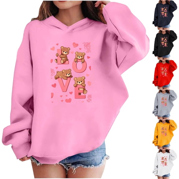 Xdegoge Girls Love Bears Printed Hoodie Cute Valentine’S Sweatshirt for Kids, Funny & Festive Pullover Long Sleeve Sweatshirts with Hood