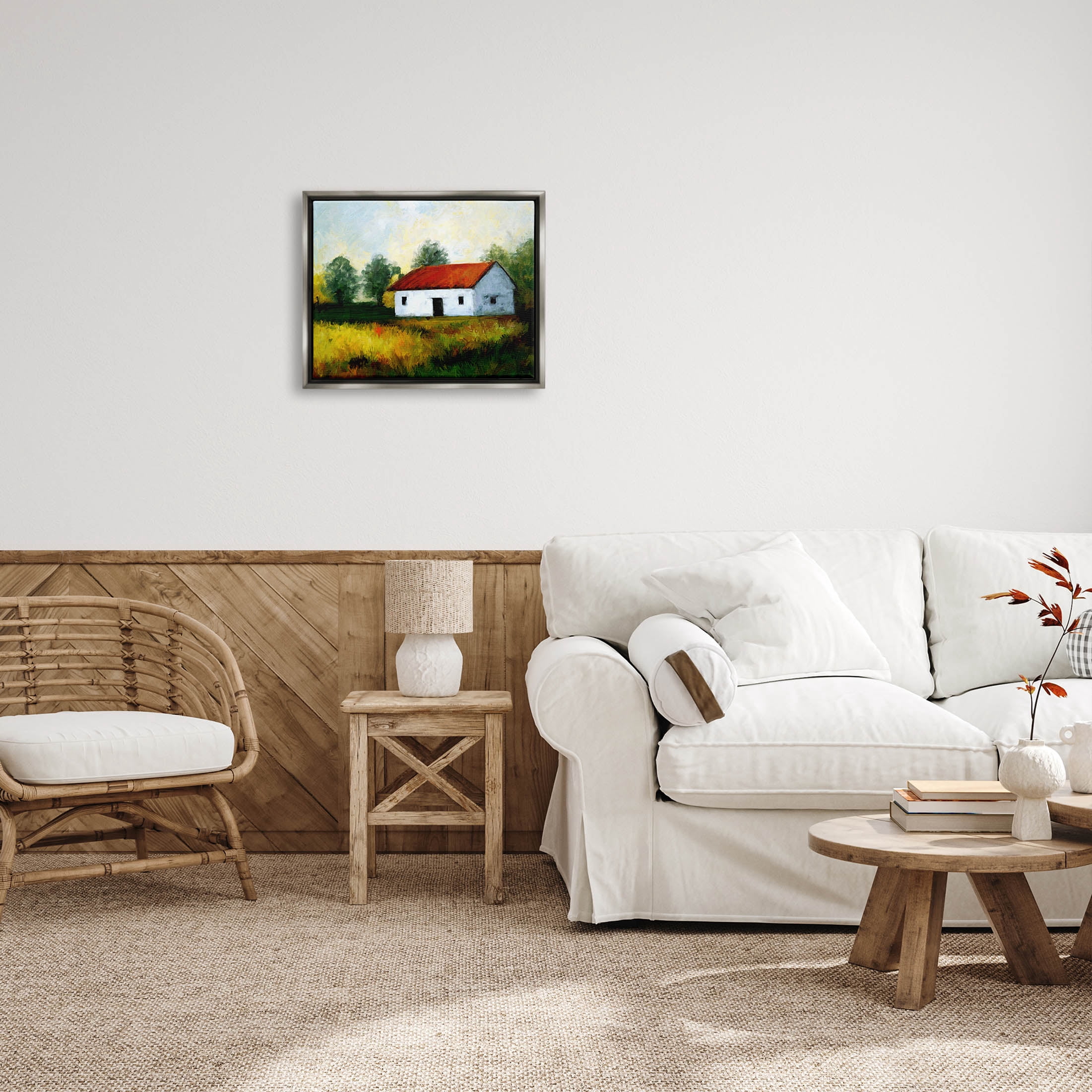 Stupell Industries Countryside Meadow Cottage Landscape Painting Luster Gray Floating Framed Canvas Print Wall Art, Design by Ziwei Li