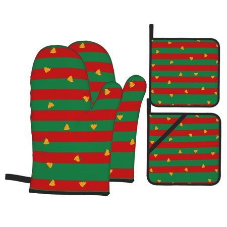 Christmas Stripe Oven Mitts And Pot Holders Sets Baking Sets For Kitchen Bbq Gloves Heat Resistant Cooking Christmas, Stripes, Bells, Holidays 4 Pcs