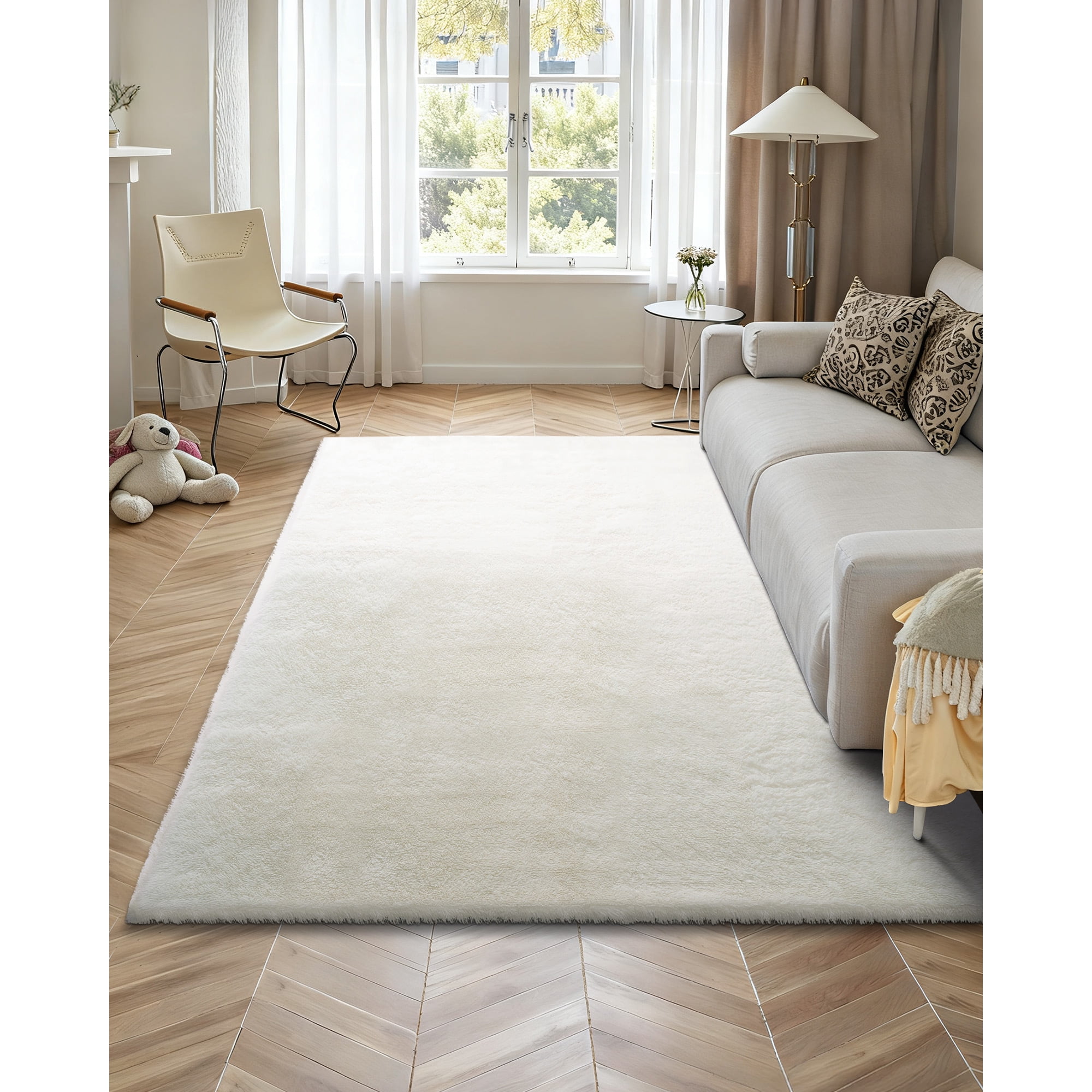 KFFKFF Indoor Plush Area Rugs, 8 x 10 ft Soft Carpet, Furry Shag Rugs for Living Room, Bedroom, Sunroom, Modern Home Decor, Non-Shedding, Non-Woven, Slip-Resistant, Ivory White
