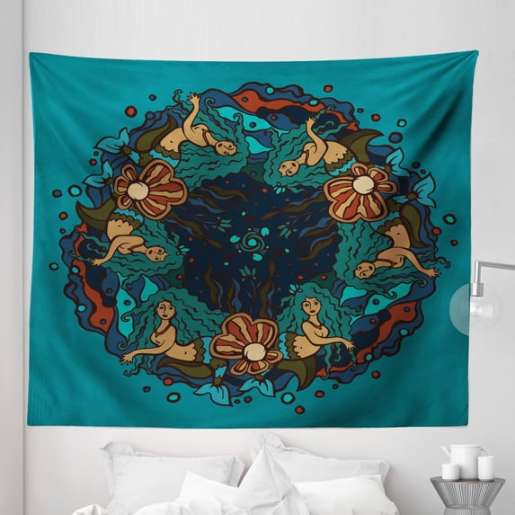 Mermaid Tapestry, Marine Theme Circle of Mermaids Illustration Vintage Style Ornamental Pattern, Fabric Wall Hanging Decor for Bedroom Living Room Dorm, 5 Sizes, Teal Red Cream, by Ambesonne