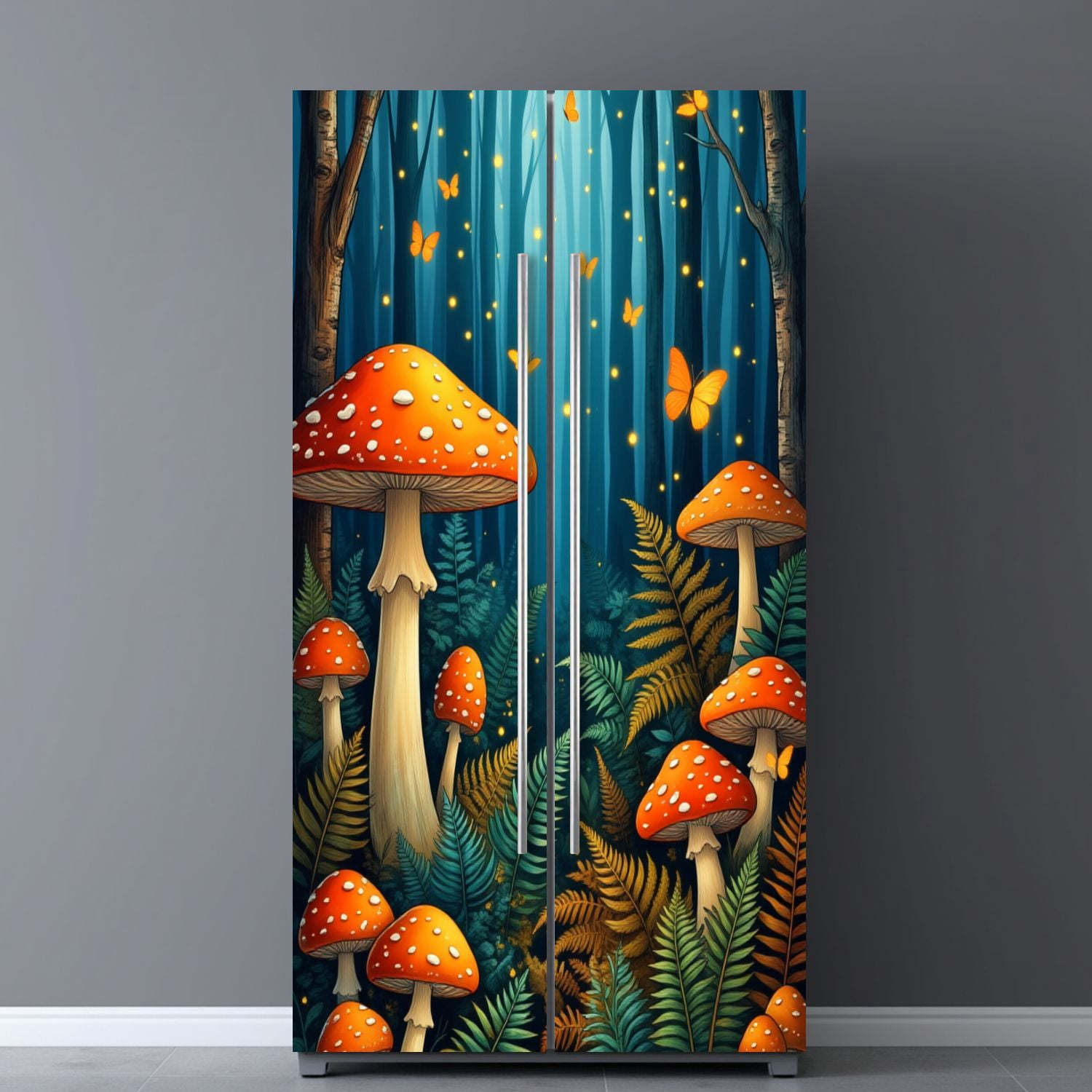 Self Adhesive Vinyl Refrigerator Wrap Set Magical Forest Vibrant Red Mushrooms Butterflies Botanical Door Mural Removable Fridge Sticker Peel and Stick&nbsp;Full Door Cover Decal Kitchen Bar Decor