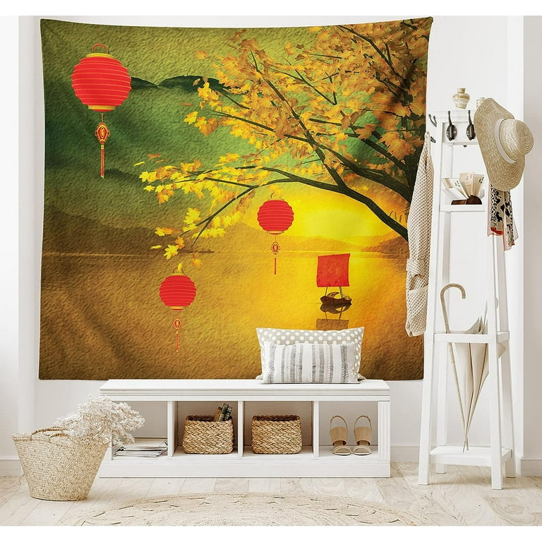 Oriental Tapestry Traditional Chinese Folk Hanging from Pale Fall Trees Lake Faded Nature Photo Wall Hanging for Bedroom Living Room Dorm Decor 60 X 80