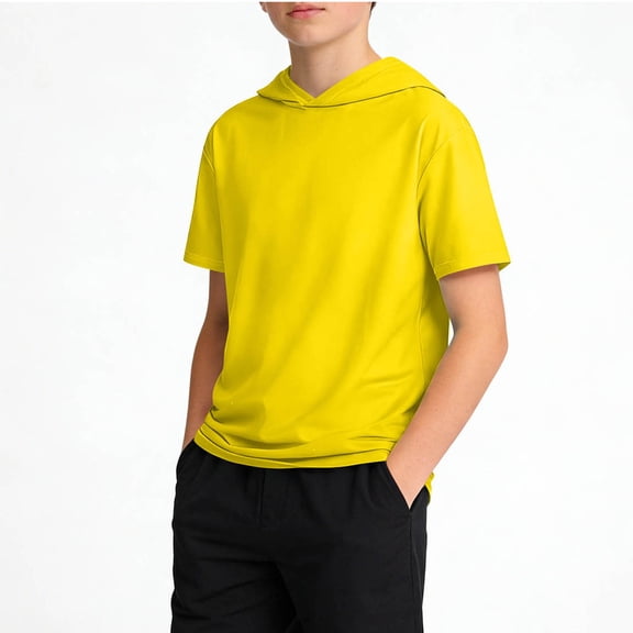 ITSAME Boys T-Shirts, Loose Fit Short Sleeve Breathable Comfortable Summer Casual Fashion Hooded Top Yellow 14-15T