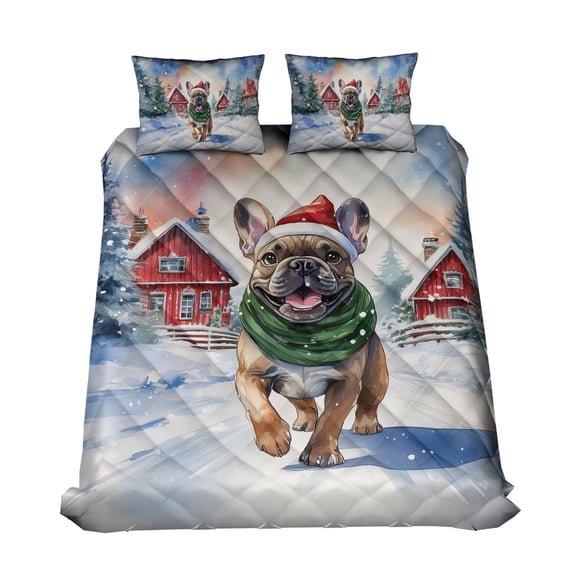 Hello Winter French Bulldog Frosty Morning Walk Welcome Snowy Christmas Quilt Bedding Set Dog Lover Gifts 1 Blanket Bed Cover 2 Pillowcases - 02018