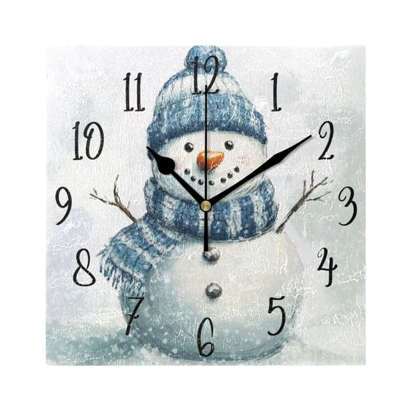 WOBOGO Snowman Wearing A Blue and White Scarf Wall Clock 7.78 Inch Battery Operated Silent Unit Square Rustic Vintage Style for Home Bedroom Office Black Pointer
