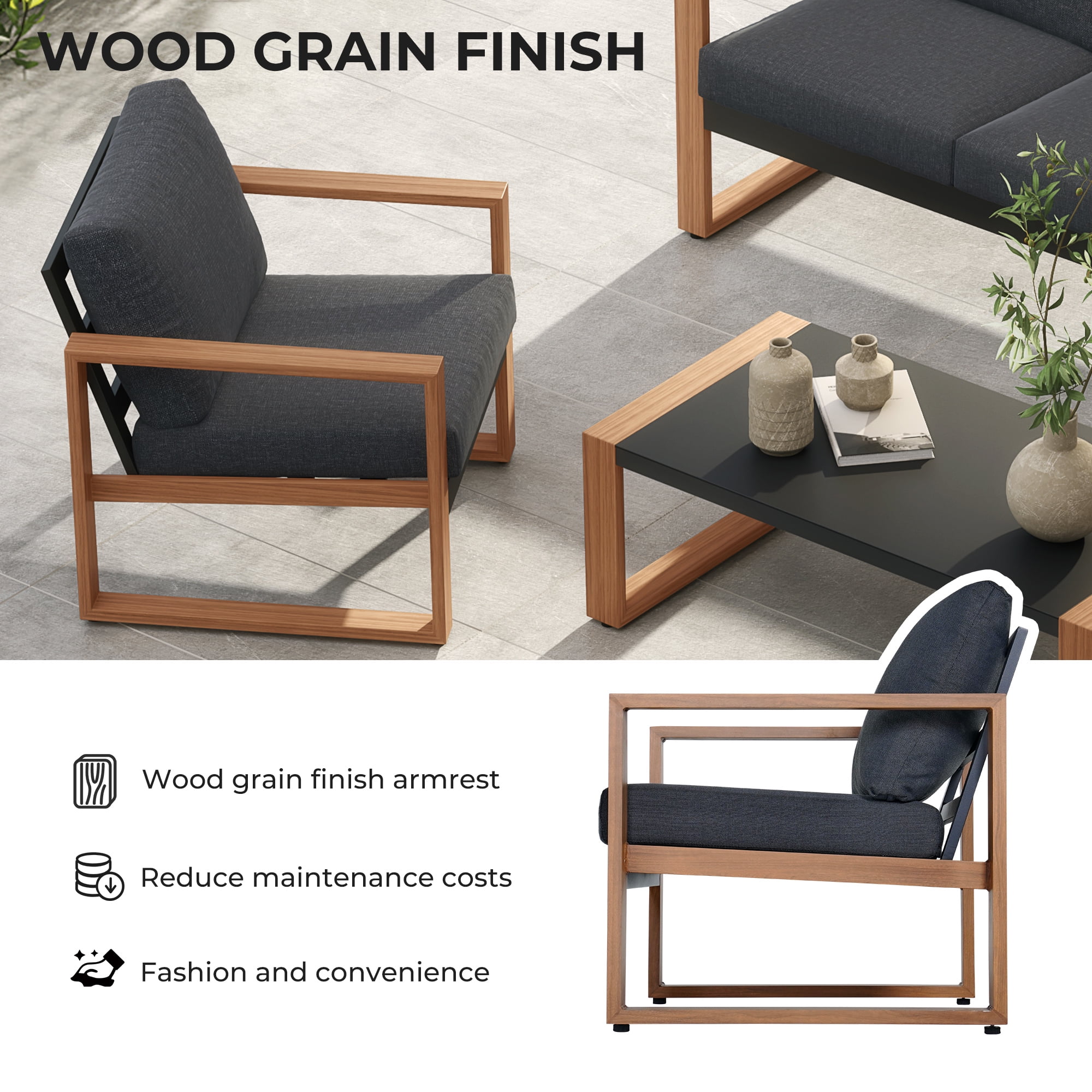 Grand Patio 4-Piece Outdoor Conversation Set, Modern Aluminum Patio Furniture Set 5-Person Conversation Set with Coffee Table, Gray & Natural