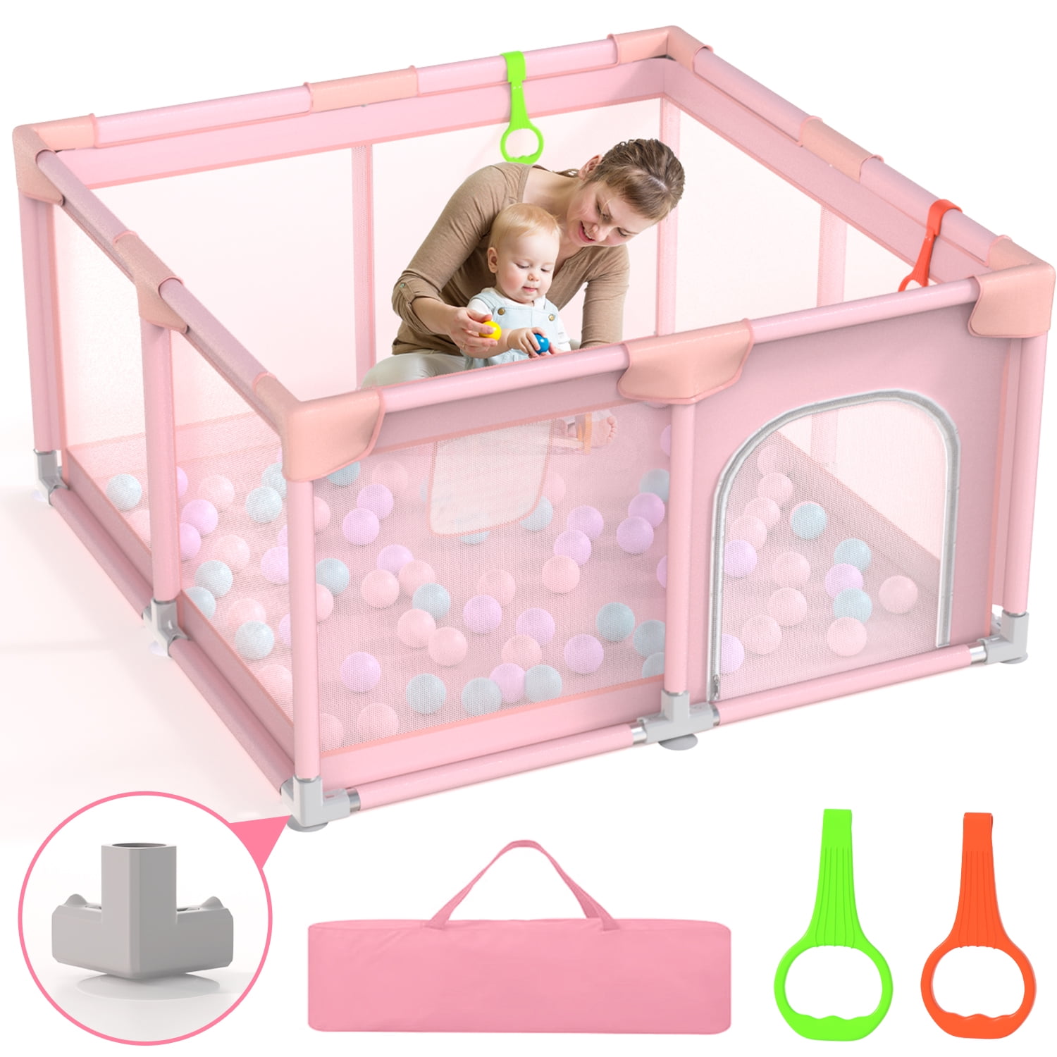 JoyStone Baby Playpen, 50 x 50 in, Non-Slip Base, Soft Mesh Sides, 2 Pull-up Rings, Carry Bag, Pink