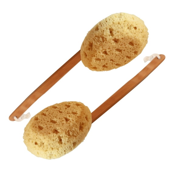 LIQIAONAN 18'' 2pcs Bath & Shower Body Brush Long Handled Yellow Sponge Exfoliating Soft Bath Brush Gentle Back Scrubber Wooden Handle