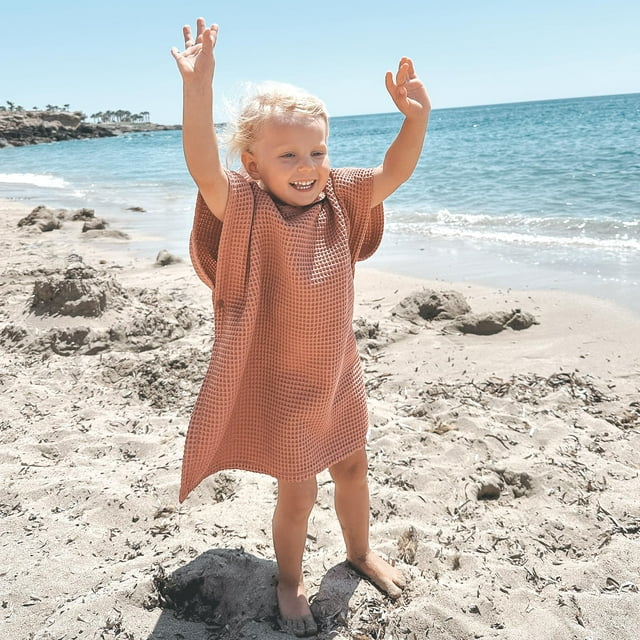 Toalla de playa con capucha ZICOTO para niños, gofres, algodón, terracota