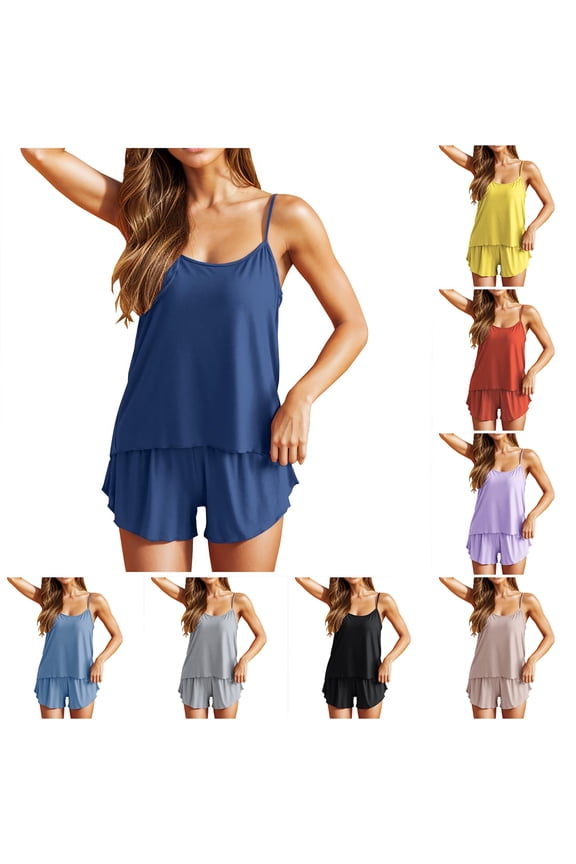 Women Pajamas Set Silk Sleeping Pajama Sets Halter Blue Sleeveless Short Night Shirts for Women Sleepwear,S