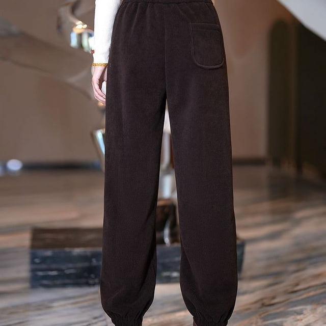 Pantalones deportivos casuales de cintura alta para mujer, holgados, adelgazantes, de chenilla gruesa, forrados con vellón, de pana, con tobillos atados