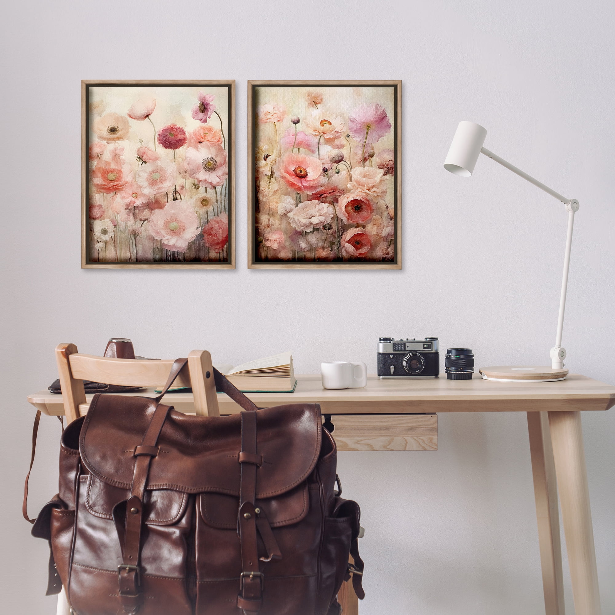 Stupell Industries Pink Blush Floral Field Plants & Flowers Painting Brown Floater Framed Canvas Art Print Wall Art, 17 x 21, Set of 2