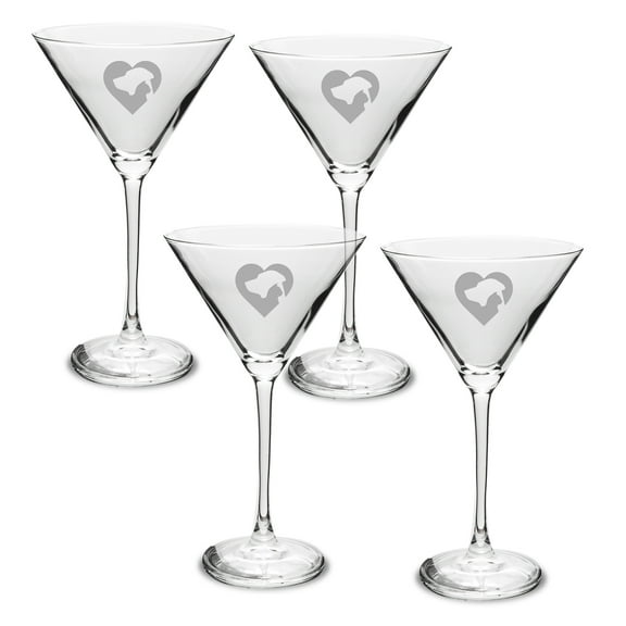 Cat Dog Heart Deep Etched Martini Glass Set of 4