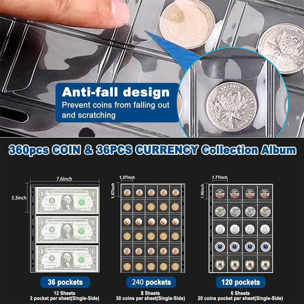 NOGIS Fireproof Coin Album with 360 Coin Collection Holder & 36 Sleeves Money Currency Collection Book Pockets, Currency Album, Coin Collection Supplies for Collectors