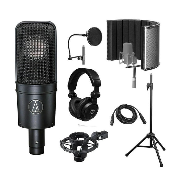Audio-Technica AT4040 Side-Address Cardioid Condenser Microphone with Reflection Filter, Tripod Stand, Pop Filter, Studio Monitor Headphones, 10' XLR Cable, Vocal Recording Setup Kit (6 Items)