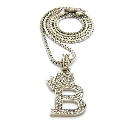 Unisex Stone Stud Tilted Crown Letter Initial Micro Pendant 2mm Box Chain Necklace, 20", B, Silver-Tone