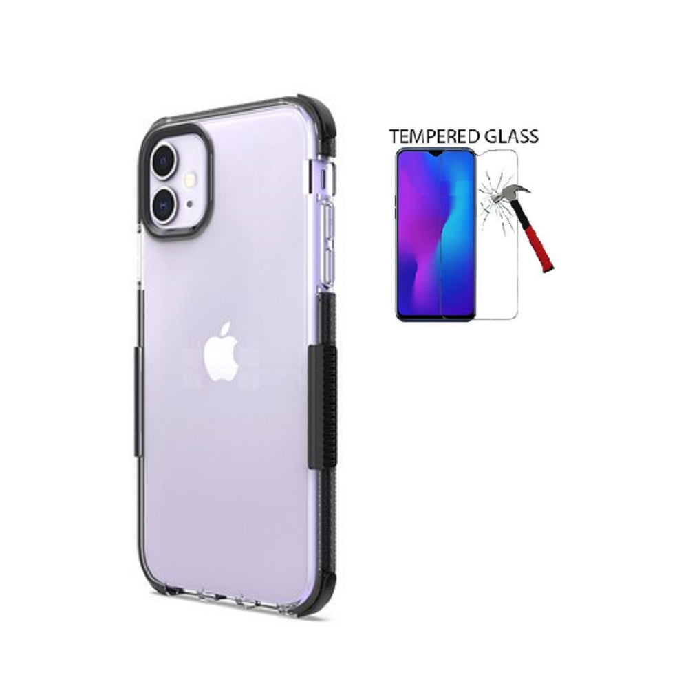 Phone Case For Iphone 11 6 1 Straight Talk Apple Iphone 11 Shockproof Clear Tpu Bumper Cover Case Tempered Glass Clear Black Walmart Com