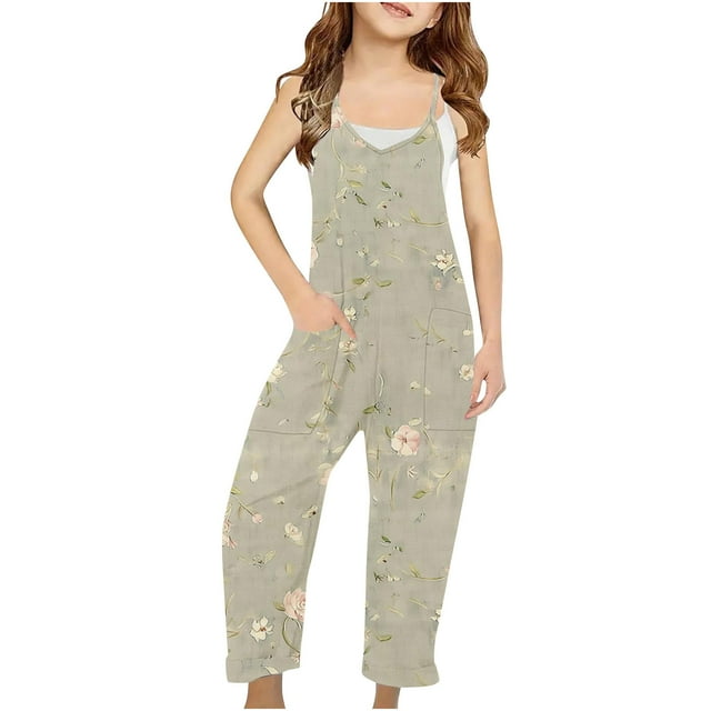 Girls Casual Jumpsuits Sleeveless Summer Rompers Long Pants With Pockets For 5-14 Years