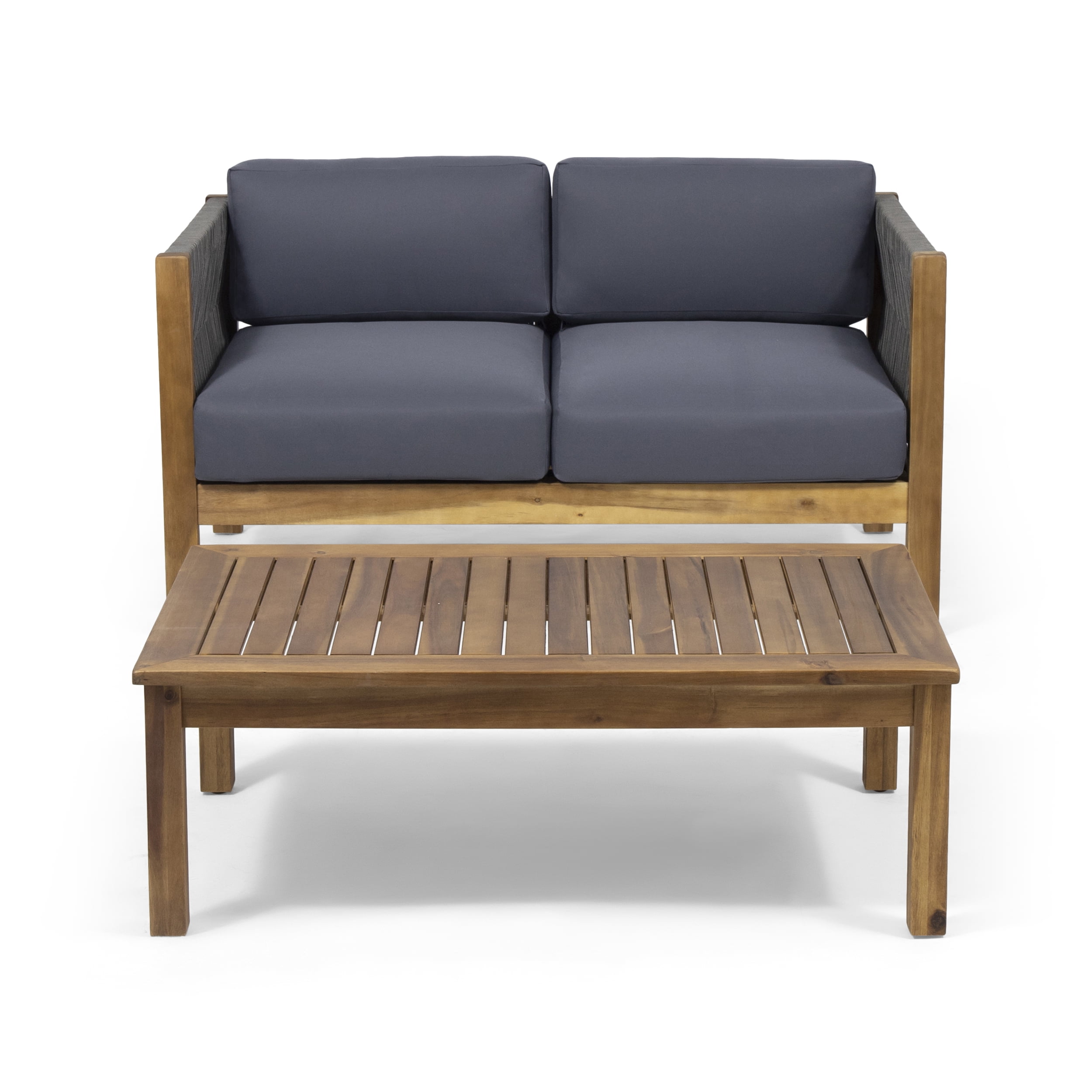 Outdoor Double Sofa and Coffee Table Leisure Set, Acacia Wood and Rattan Integrated Furniture for Patio Garden, Gray and Beige