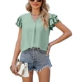 thumbnail image 1 of Top de manga con volantes en capas para mujer, blusa informal con cuello en V, Color liso, elegante, de verano, verde, XL, 1 of 6