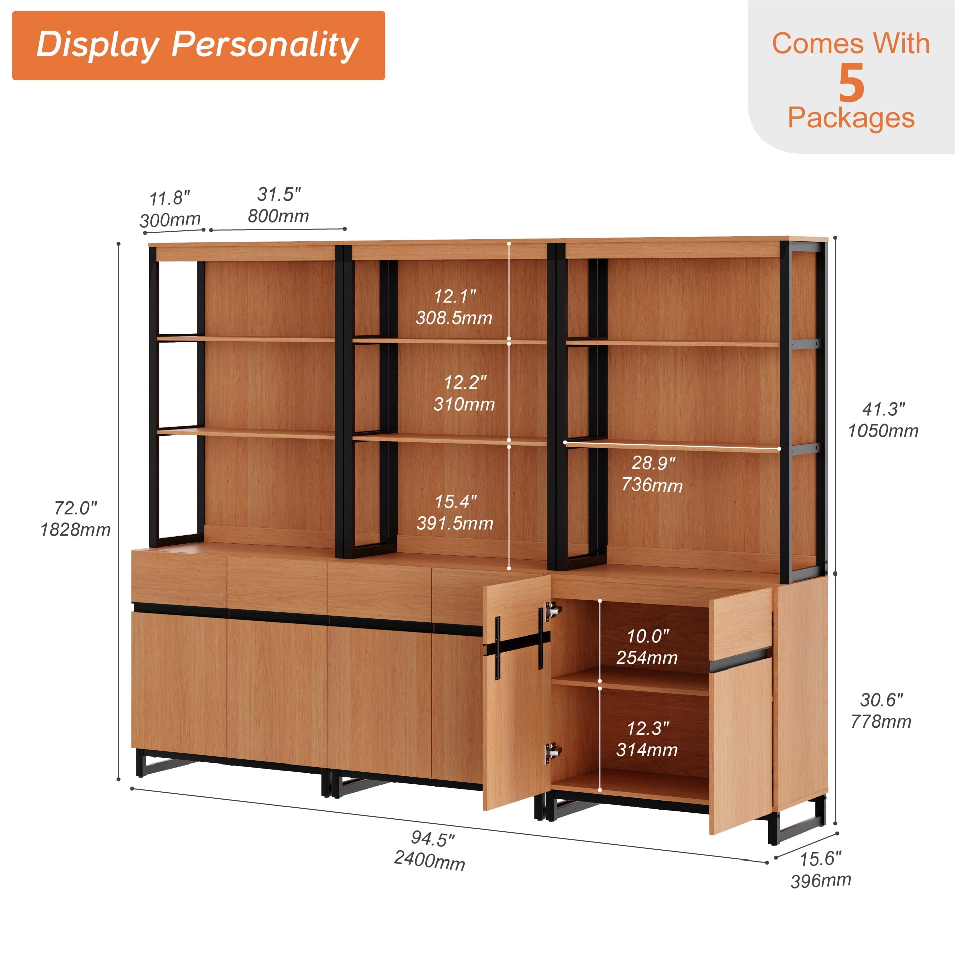 WAMPAT 3-Piece Modern 72" Tall Library Bookcases with Metal Base & Adjustable Shelves, Wood Bookshelves with Storage Cabinet & Open Shelves for Home Office & Living Room, Mocha